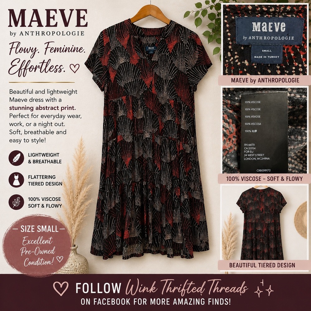 Maeve Anthropologie Abstract Print Tiered Dress‎ Black Red Viscose Small